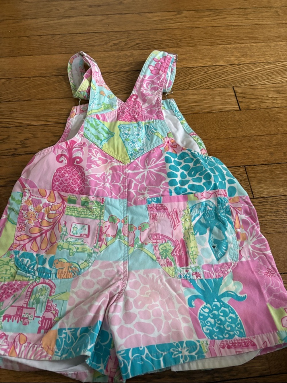 Lilly Pulitzer Pink & Aqua Patchwork Short Overalls - Picture 4 of 4
